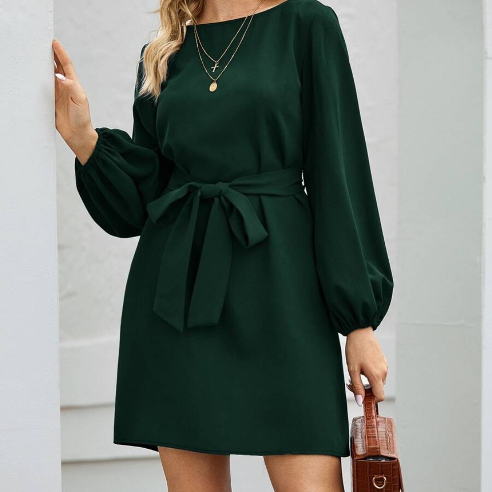 lantern long sleeve belted mini dress olive - Picture 13 of 15